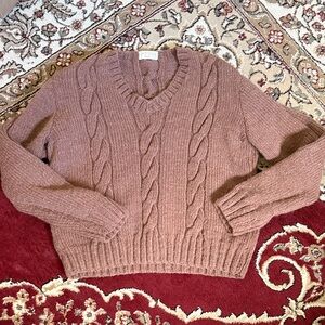 Cable Knit V-Neck Sweater - Brown